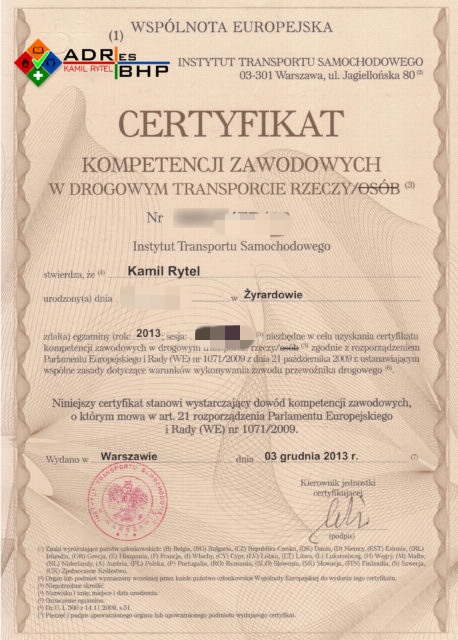 Certyfikat kompetencji zawodowych w drogowym transporcie rzeczy
